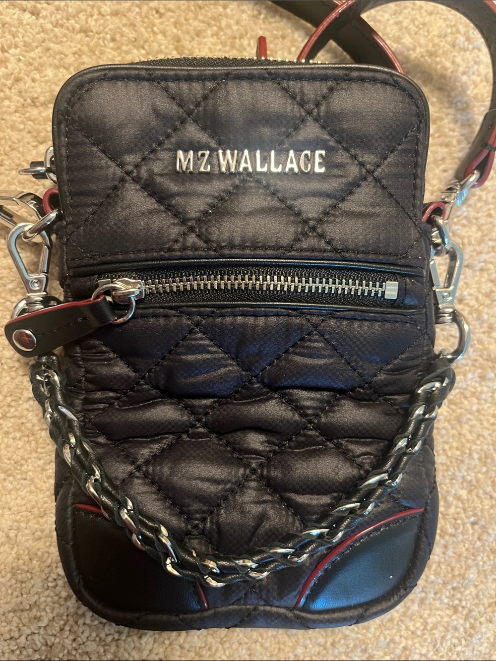MZ Wallace Quilted Crossbody Phone Pouch in Black with Red Trim